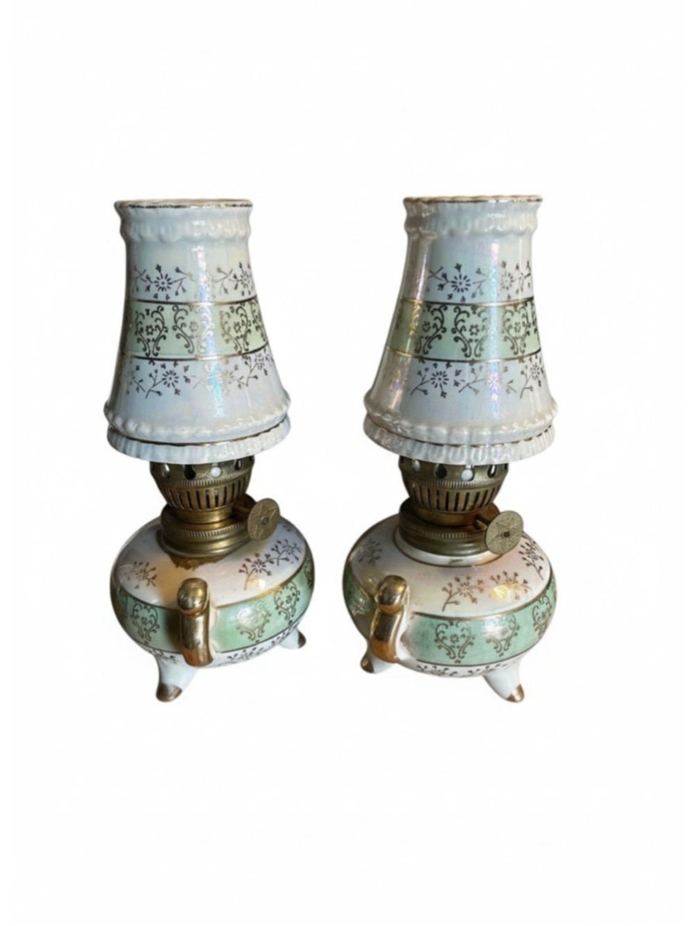 Vintage Porcelain Miniature Oil Lamp Set of 2 Japan Iridescent Lustreware